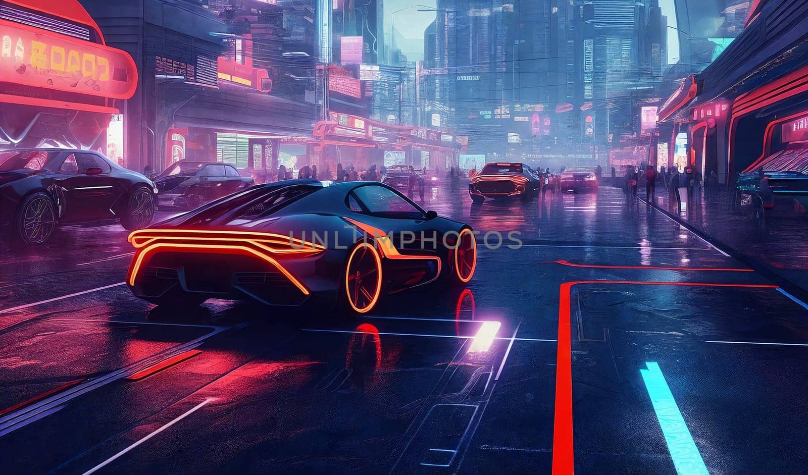 Futuristic cityscape with sleek, metallic buildings and road and cars on foreground. AI Generative