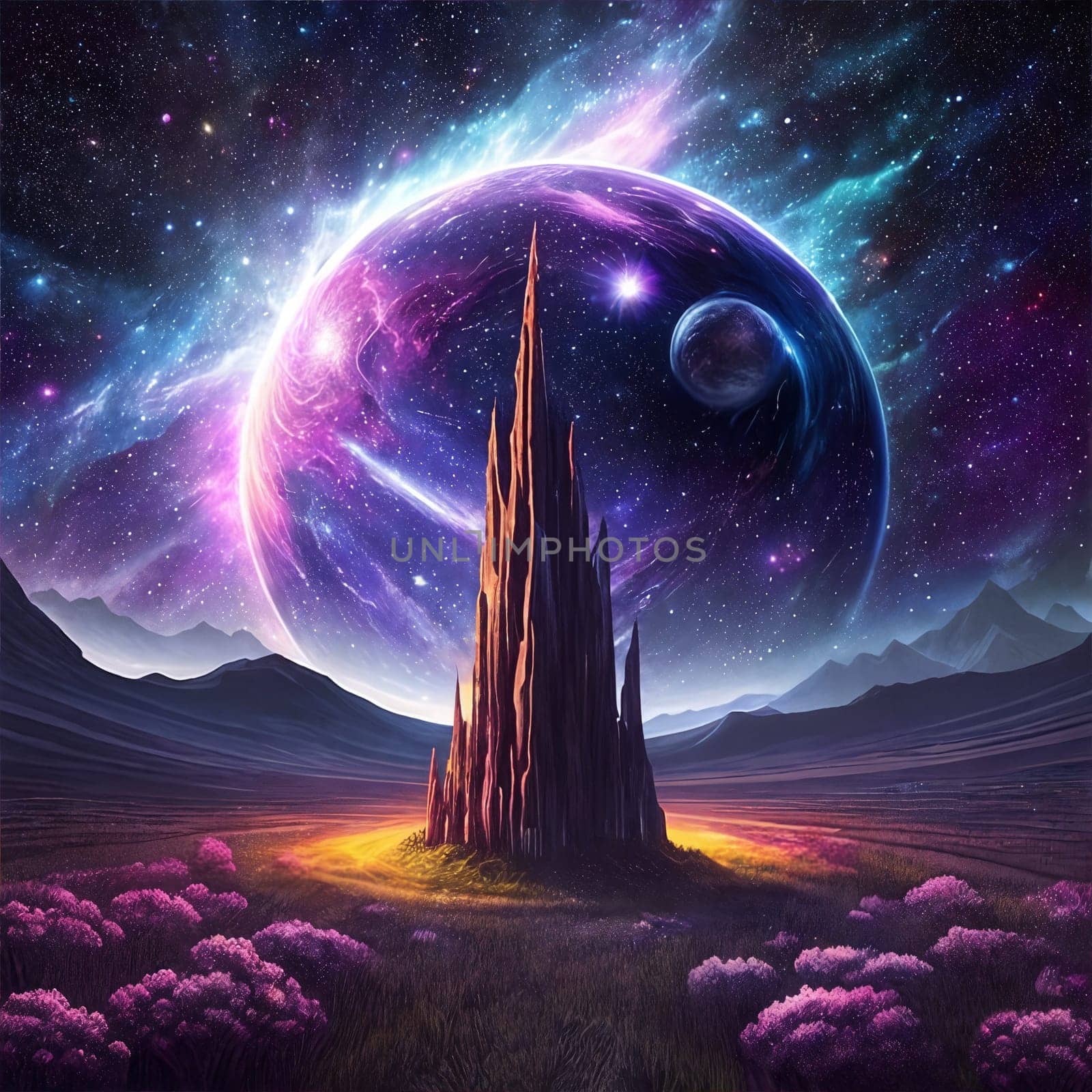 Fantasy planet with flowers on foreground, mountains and night sky with stars and planets on background . AI Generative