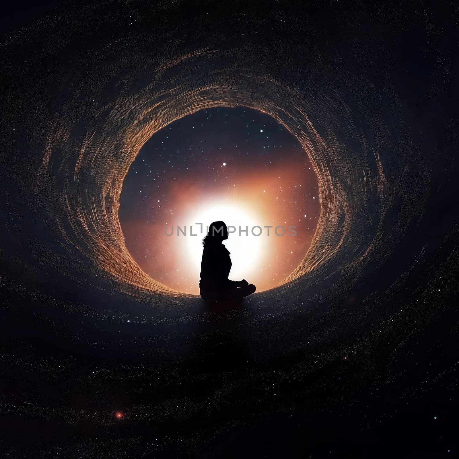 Meditating woman on the edge of black hole. AI Generative
