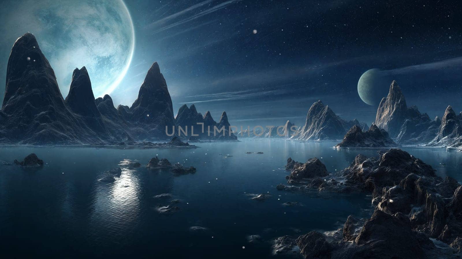 Fantasy planet with lake on foreground, mountains and night sky with stars and planets on background . AI Generative
