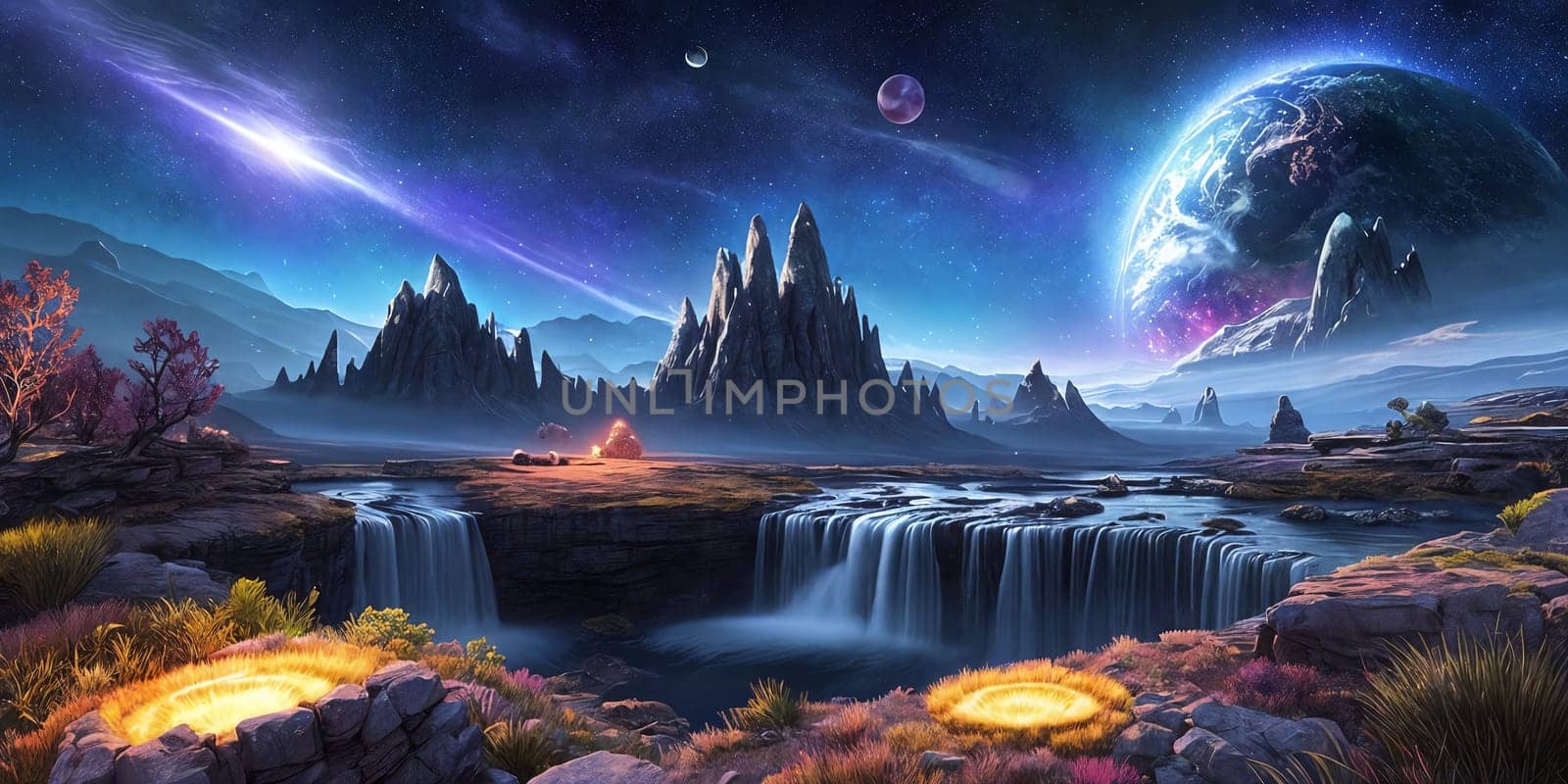 Fantasy planet with river and waterfalls on foreground, night sky with stars and planets on background . AI Generative