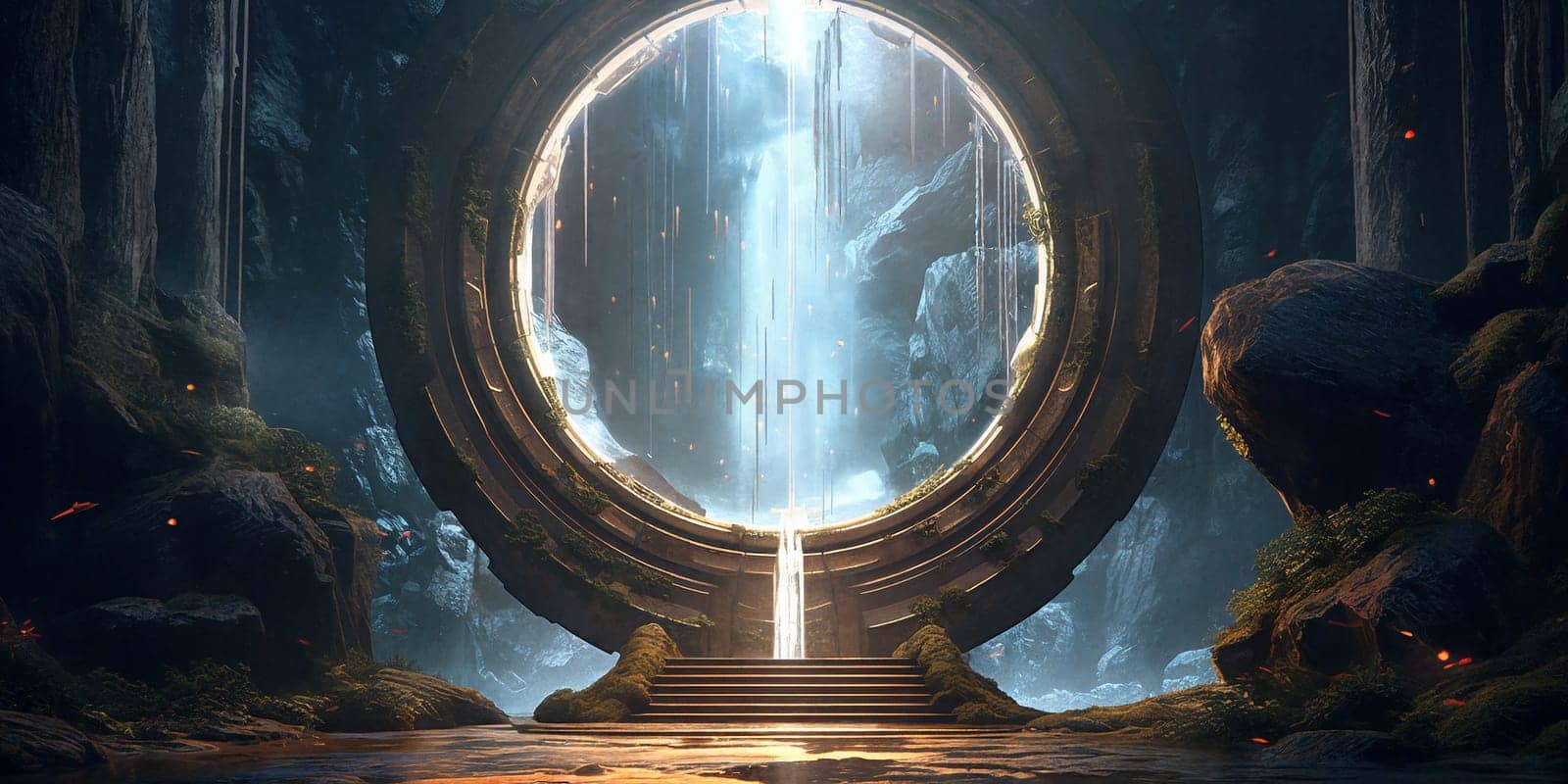 Circular portal for teleportation with light from inside. AI Generative