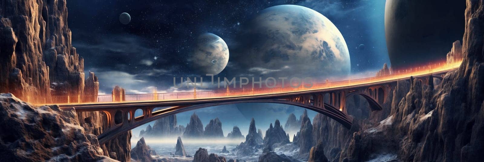 Bridge in the fantasy planet, mountains and night sky with stars and planets on background, panorama. AI Generative