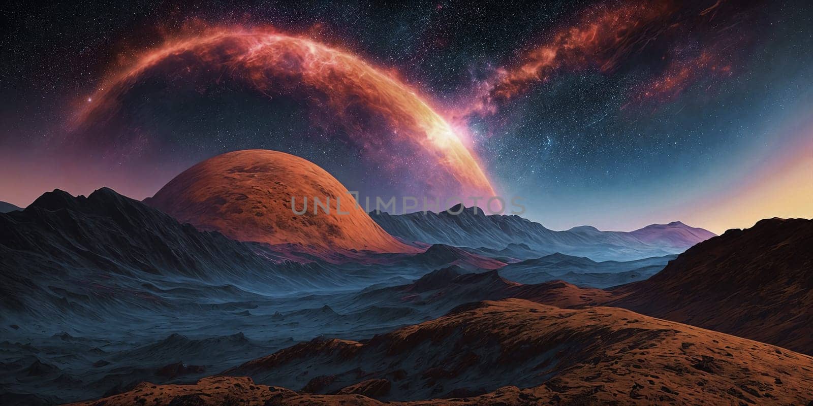 Fantasy planet with surface on foreground, mountains and night sky with stars and planets on background . AI Generative