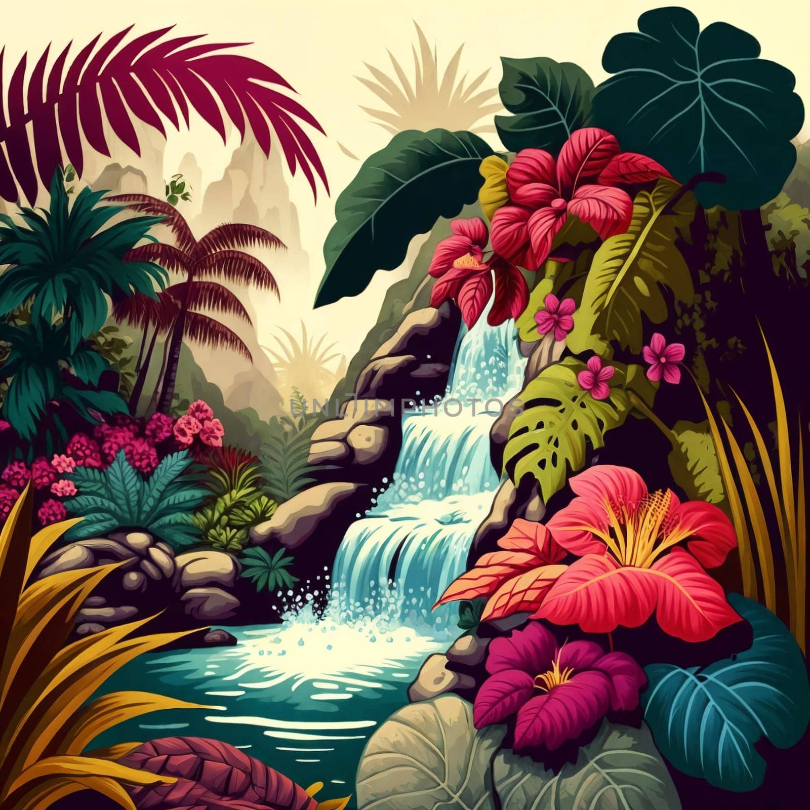 Illustration of waterfall. flowers and tropical plants on foreground. Generative AI