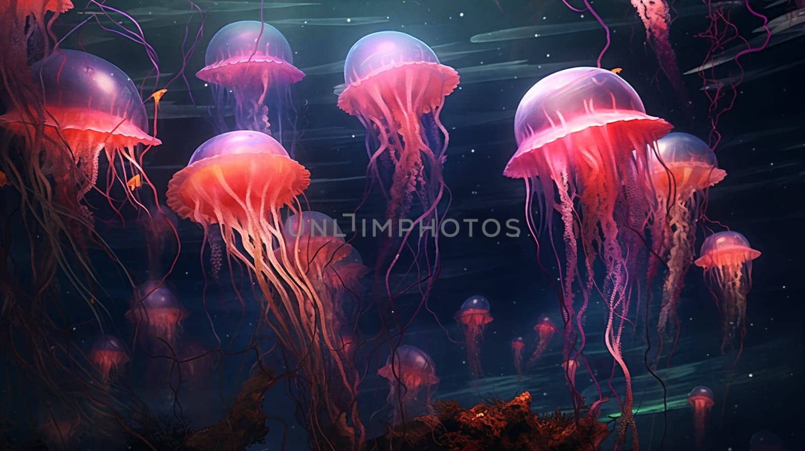 Jellyfishes underwater close-up, sunlight through the water. Generative AI