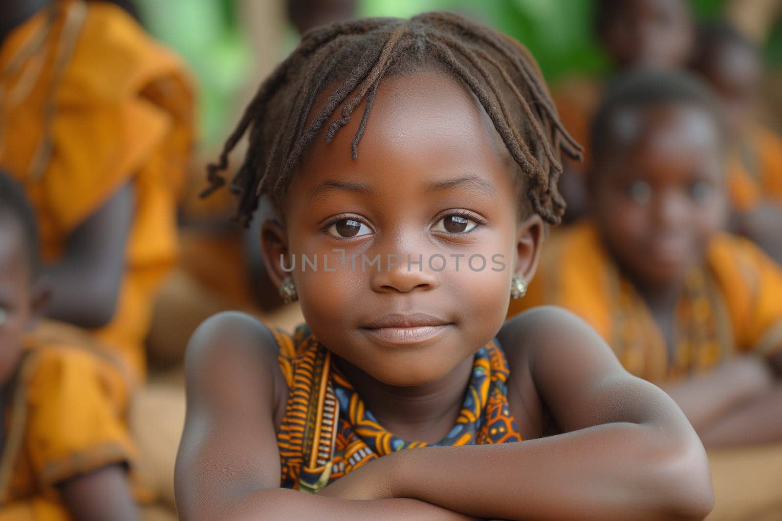 Black african girl at elementary school, classroom with children in Africa, education concept, learning new skill, book on the desk