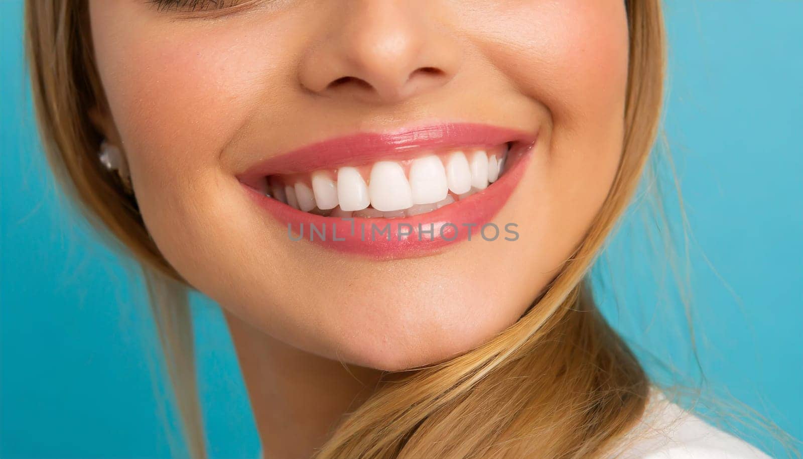 dental care concept for dentists and orthodontist - close up of a woman with a smile and perfect white teeth