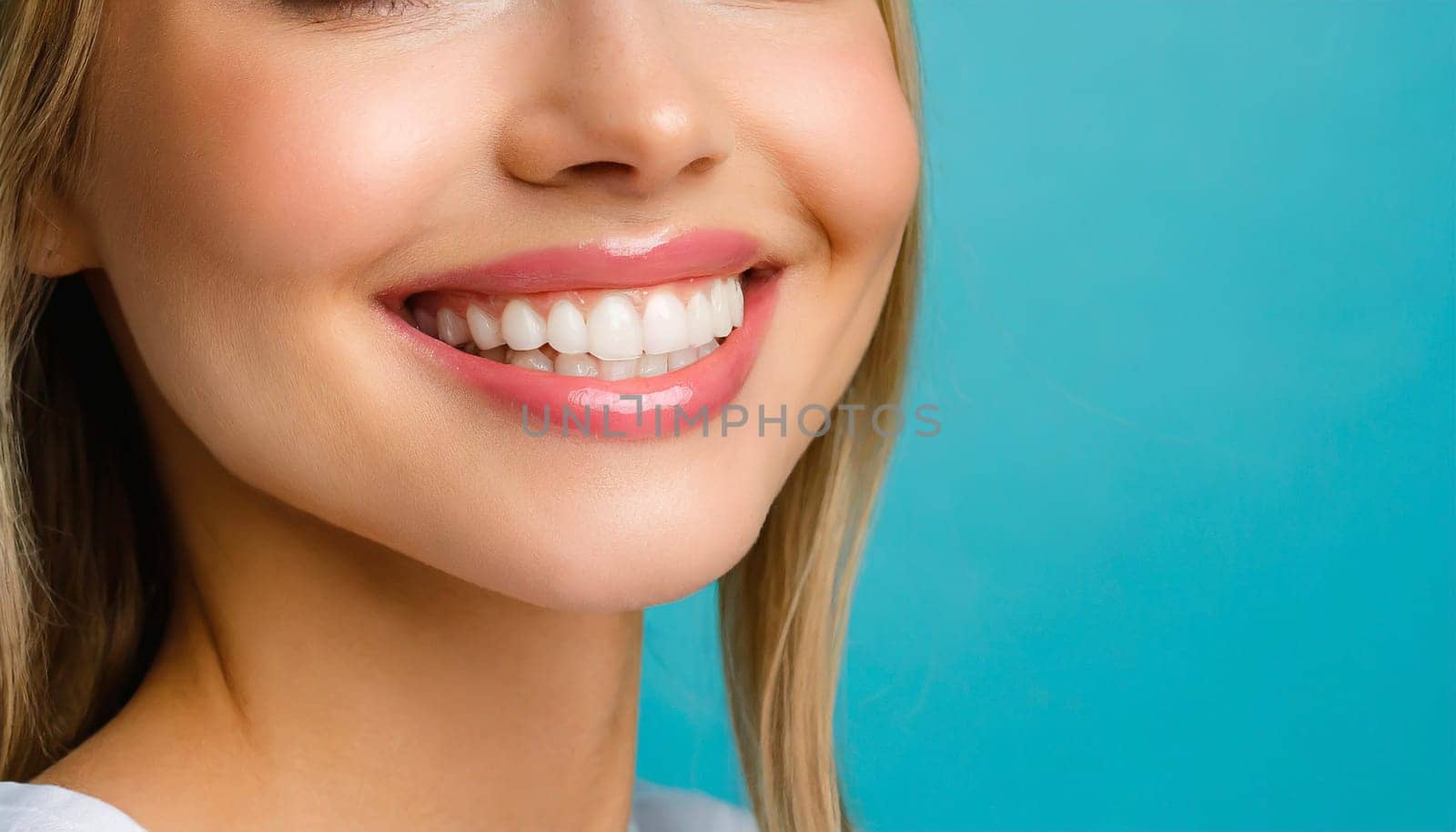 dental care concept for dentists and orthodontist - close up of a woman with a smile and perfect white teeth