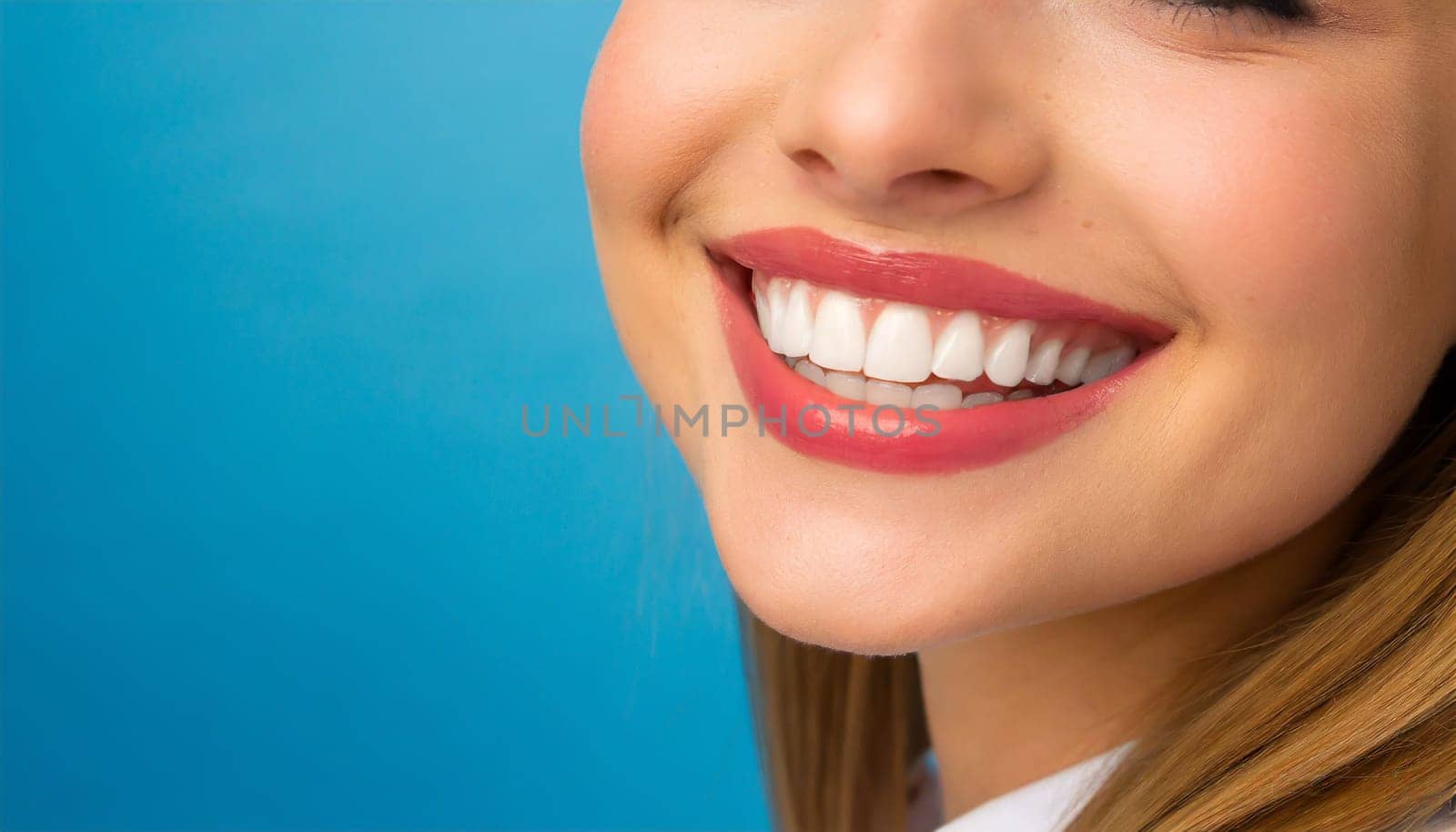 dental care concept for dentists and orthodontist - close up of a woman with a smile and perfect white teeth