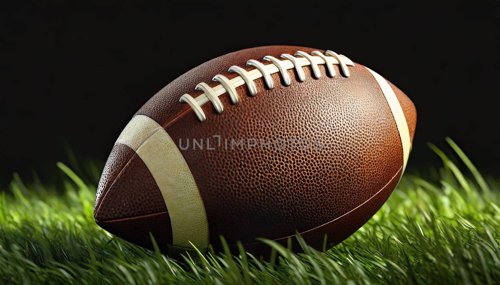 American football on green grass, on black background