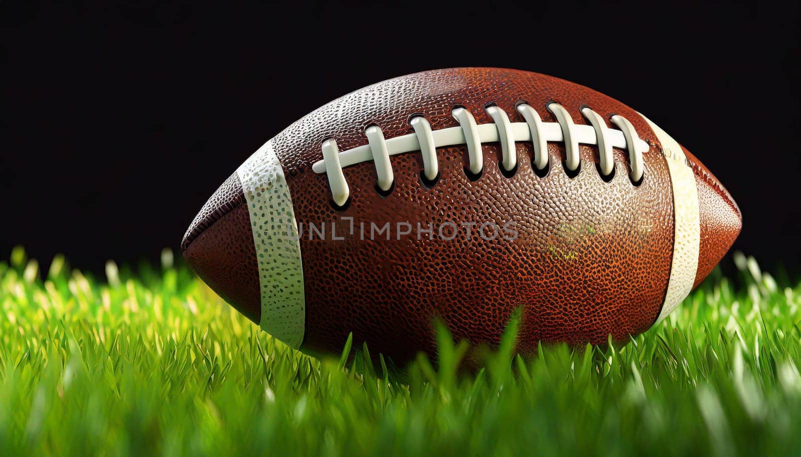 American football on green grass, on black background