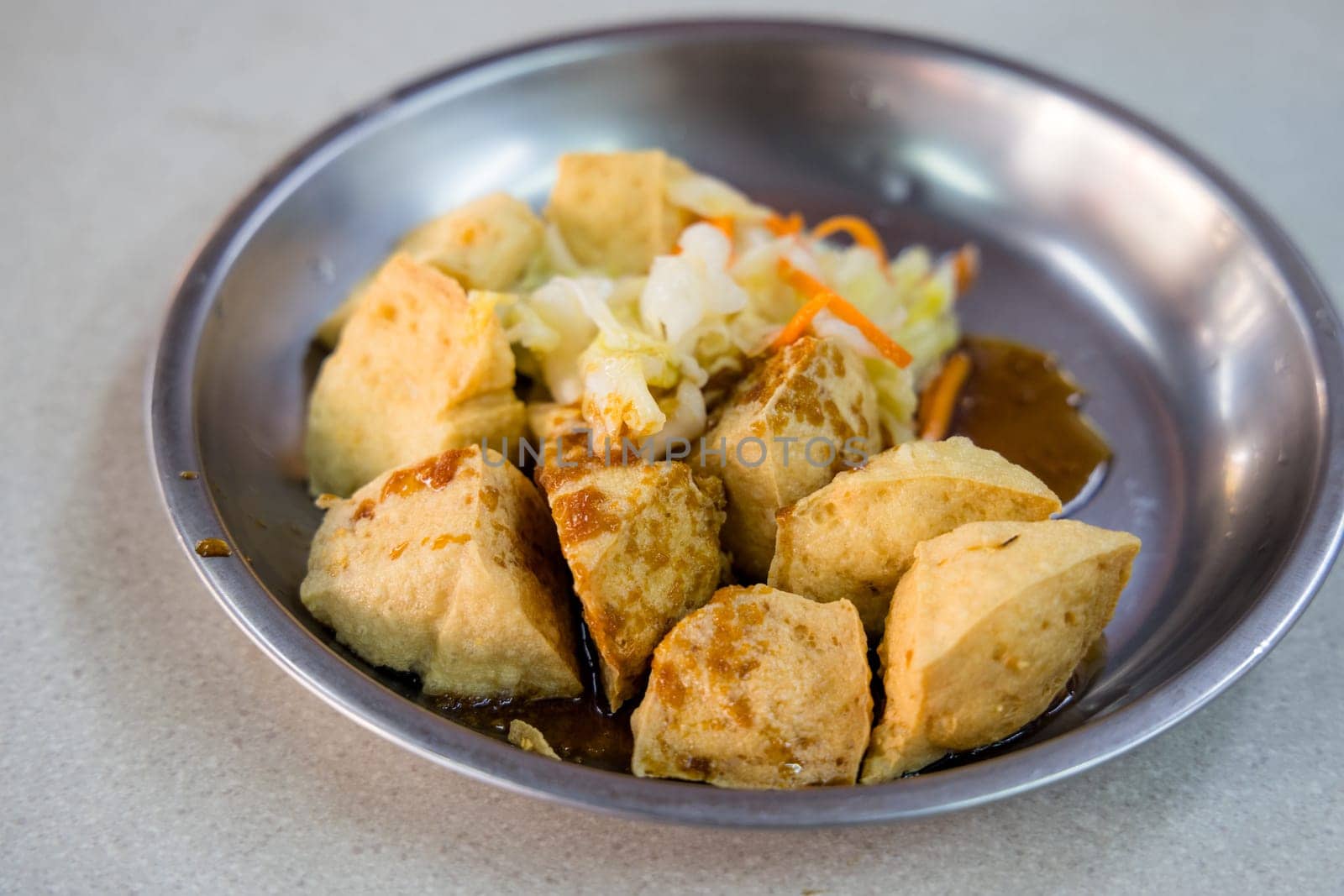 Deep fry stinky tofu on the dish in Taiwanese restaurant