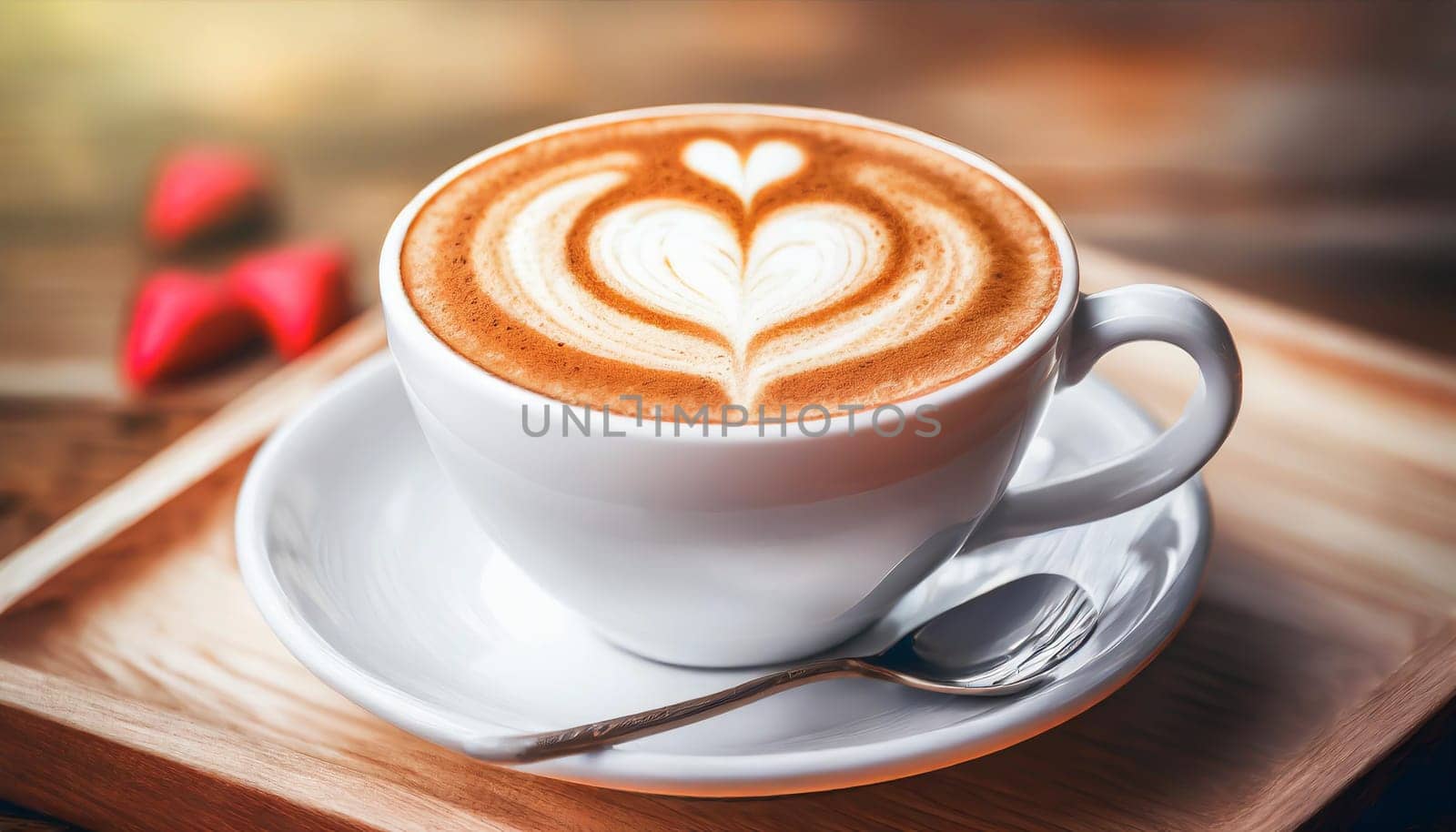 Close up white coffee cup with heart shape latte art on wood tab