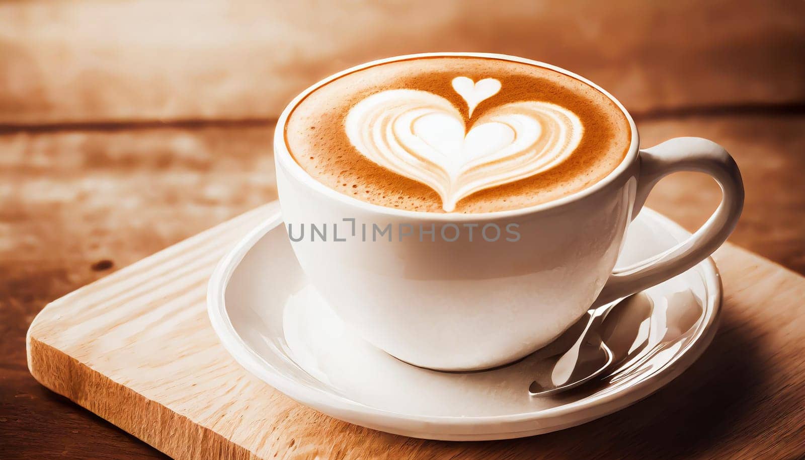 Close up white coffee cup with heart shape latte art on wood tab