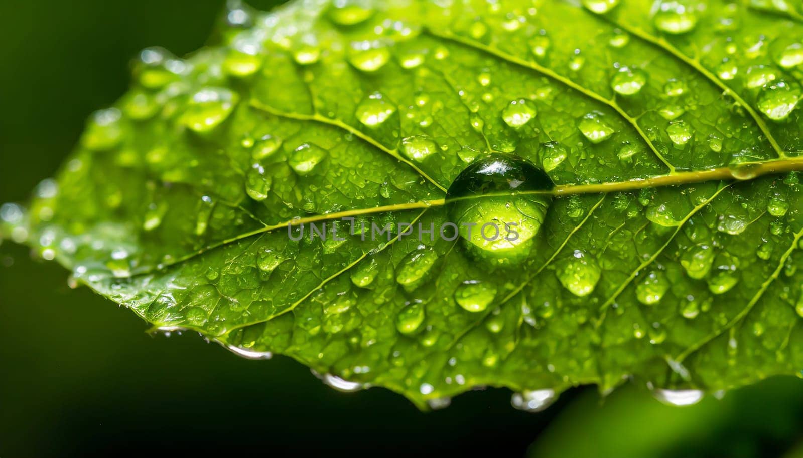 Close-up of green plant leaf one drop of rain, image for nature background