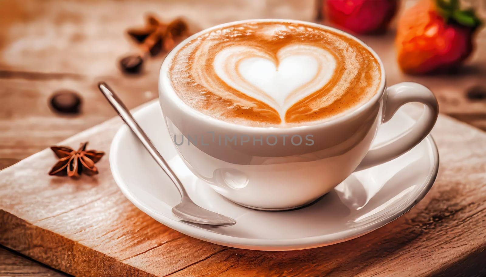 Close up white coffee cup with heart shape latte art on wood tab