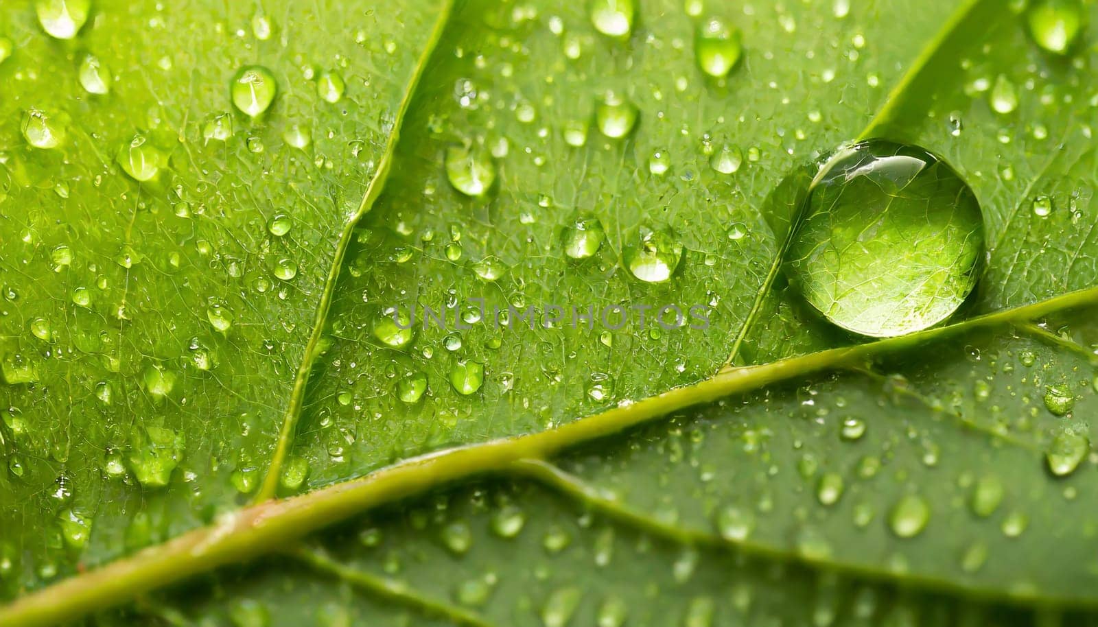 Close-up of green plant leaf one drop of rain, image for nature background