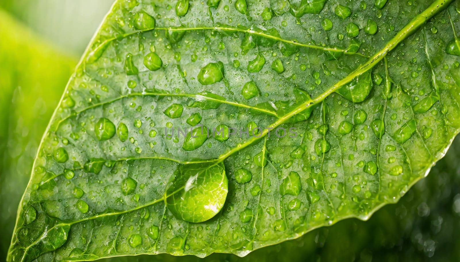 Close-up of green plant leaf one drop of rain, image for nature background