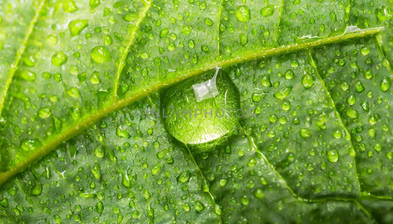 Close-up of green plant leaf one drop of rain, image for nature background