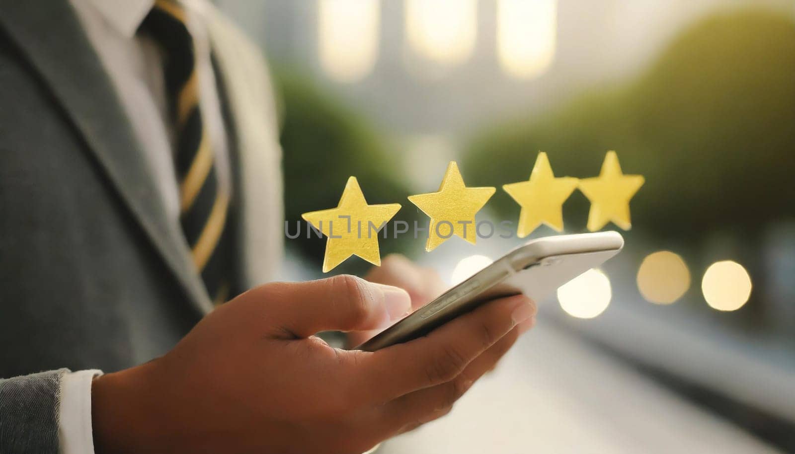 close up on customer man hand pressing on smartphone screen with gold five star rating feedback icon and press level three rank (good) for give score point to review the service business concept