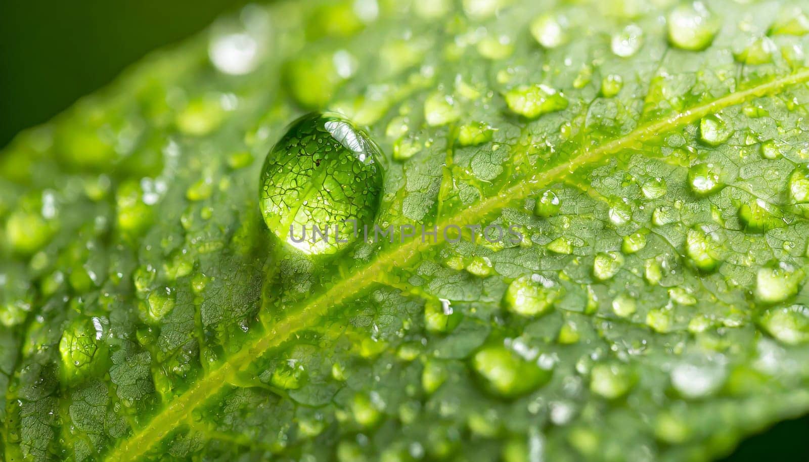 Close-up of green plant leaf one drop of rain, image for nature background