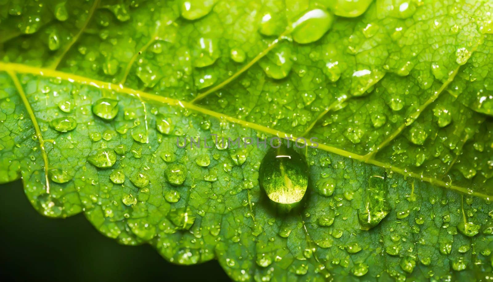 Close-up of green plant leaf one drop of rain, image for nature background