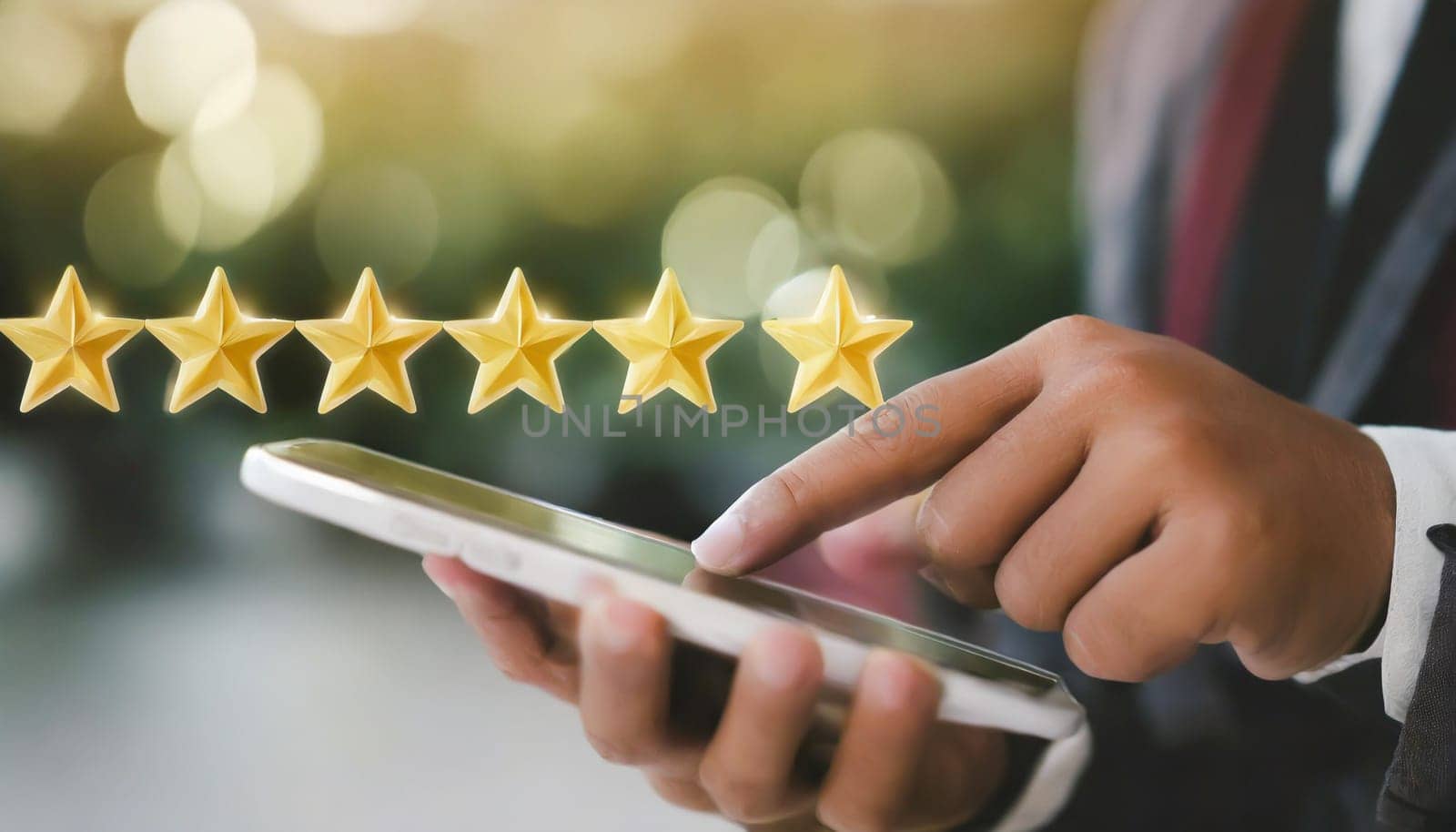close up on customer man hand pressing on smartphone screen with gold five star rating feedback icon and press level three rank (good) for give score point to review the service business concept