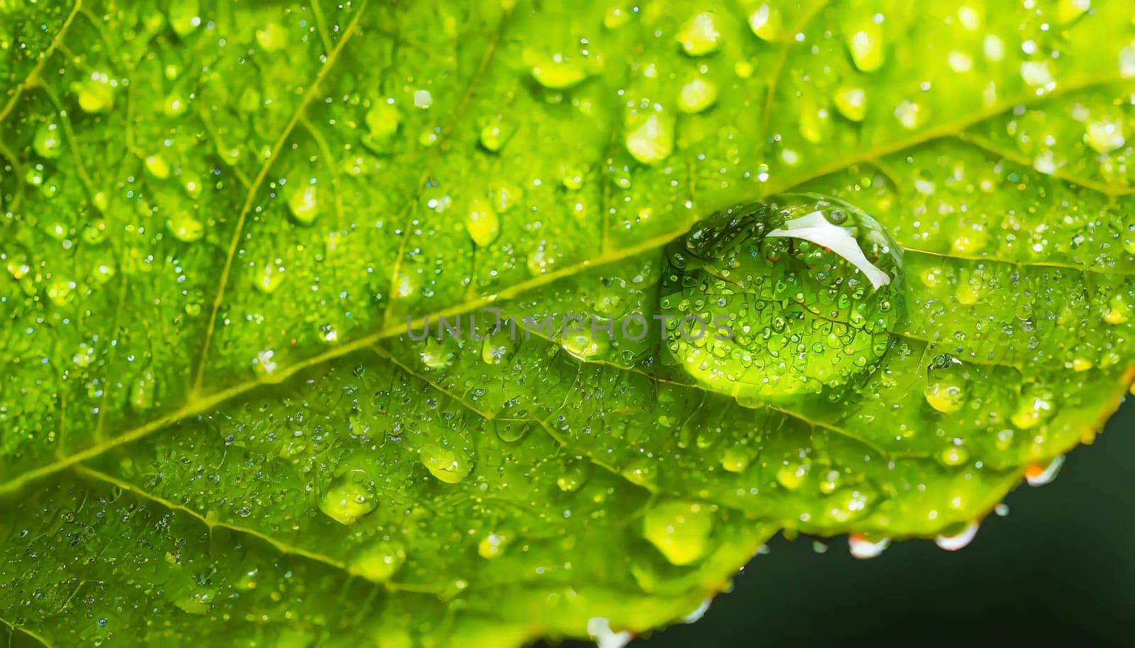 Close-up of green plant leaf one drop of rain, image for nature background