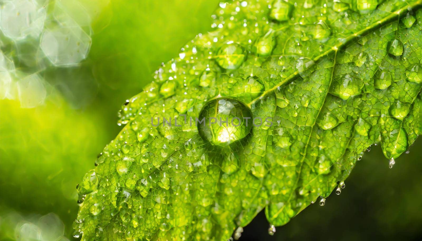 Close-up of green plant leaf one drop of rain, image for nature background
