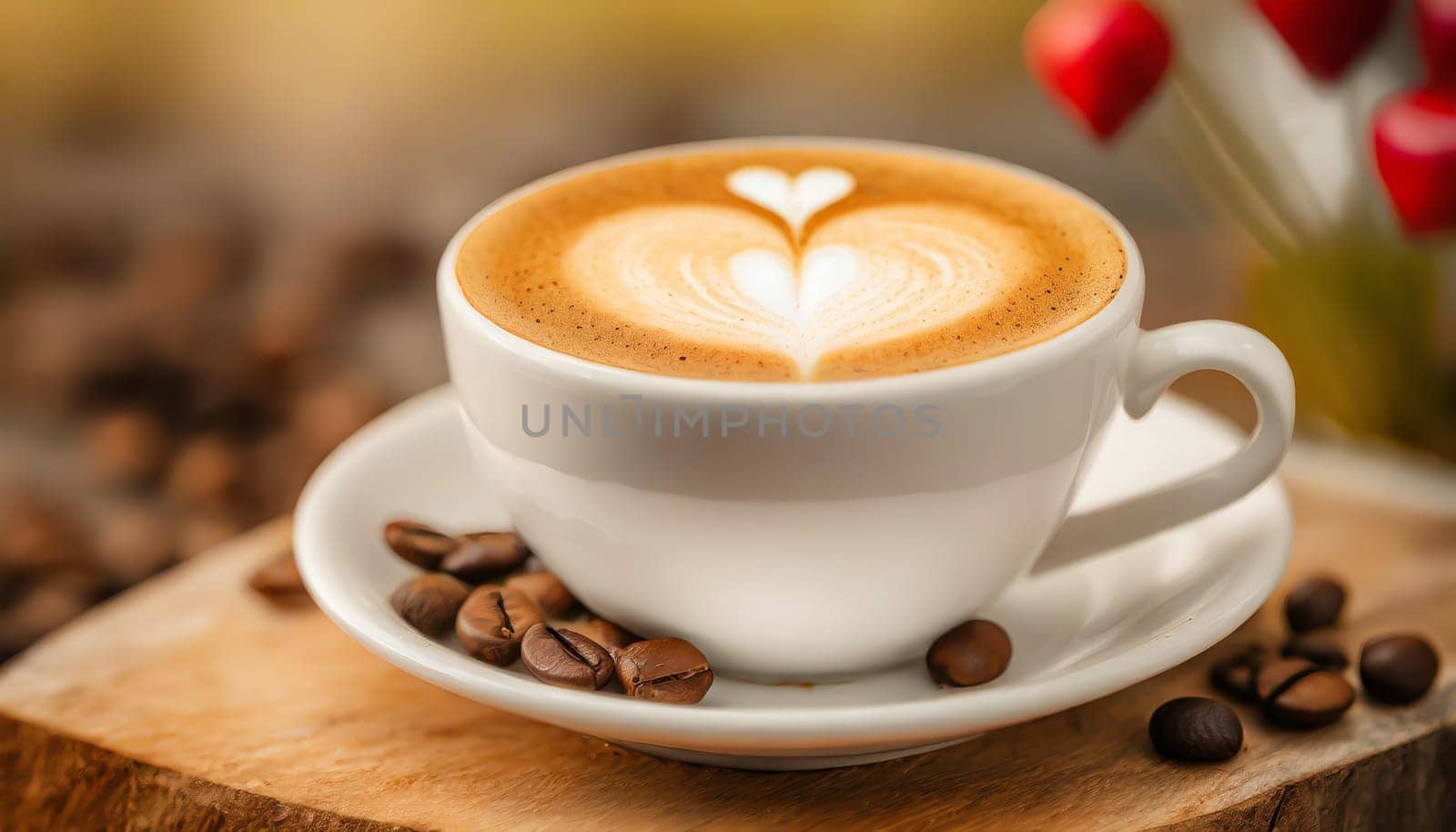 Close up white coffee cup with heart shape latte art on wood tab
