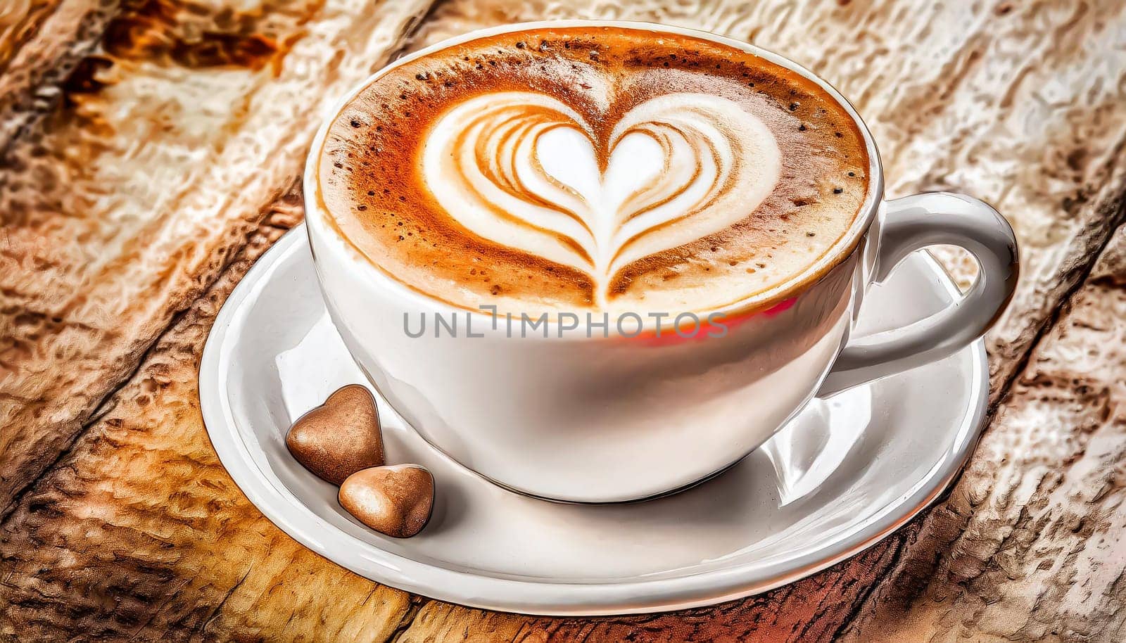 Close up white coffee cup with heart shape latte art on wood tab