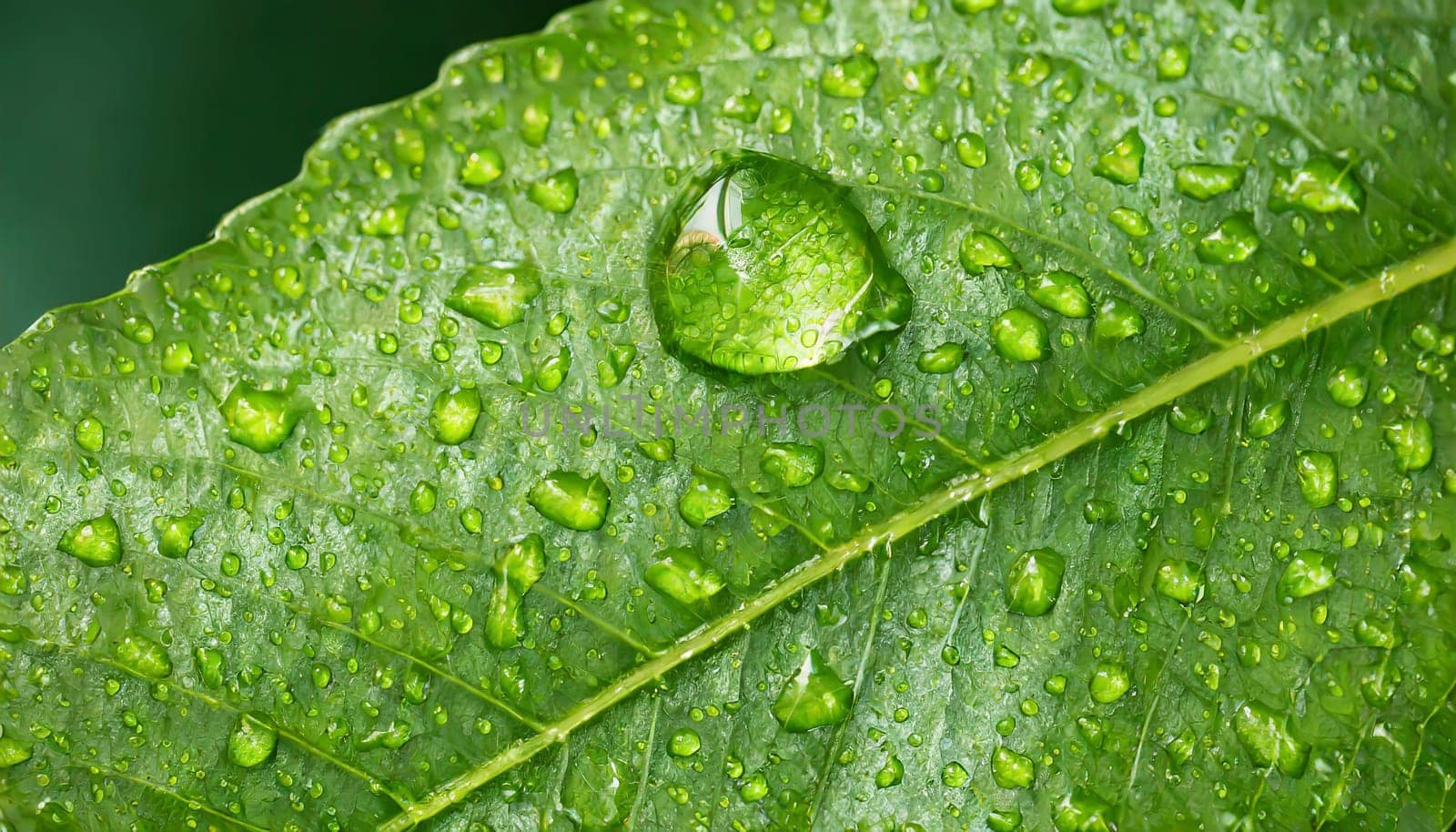 Close-up of green plant leaf one drop of rain, image for nature background