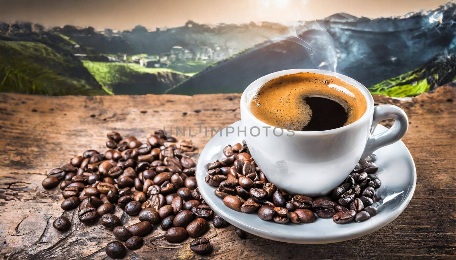 Espresso Coffee Cup With Beans On Vintage Table