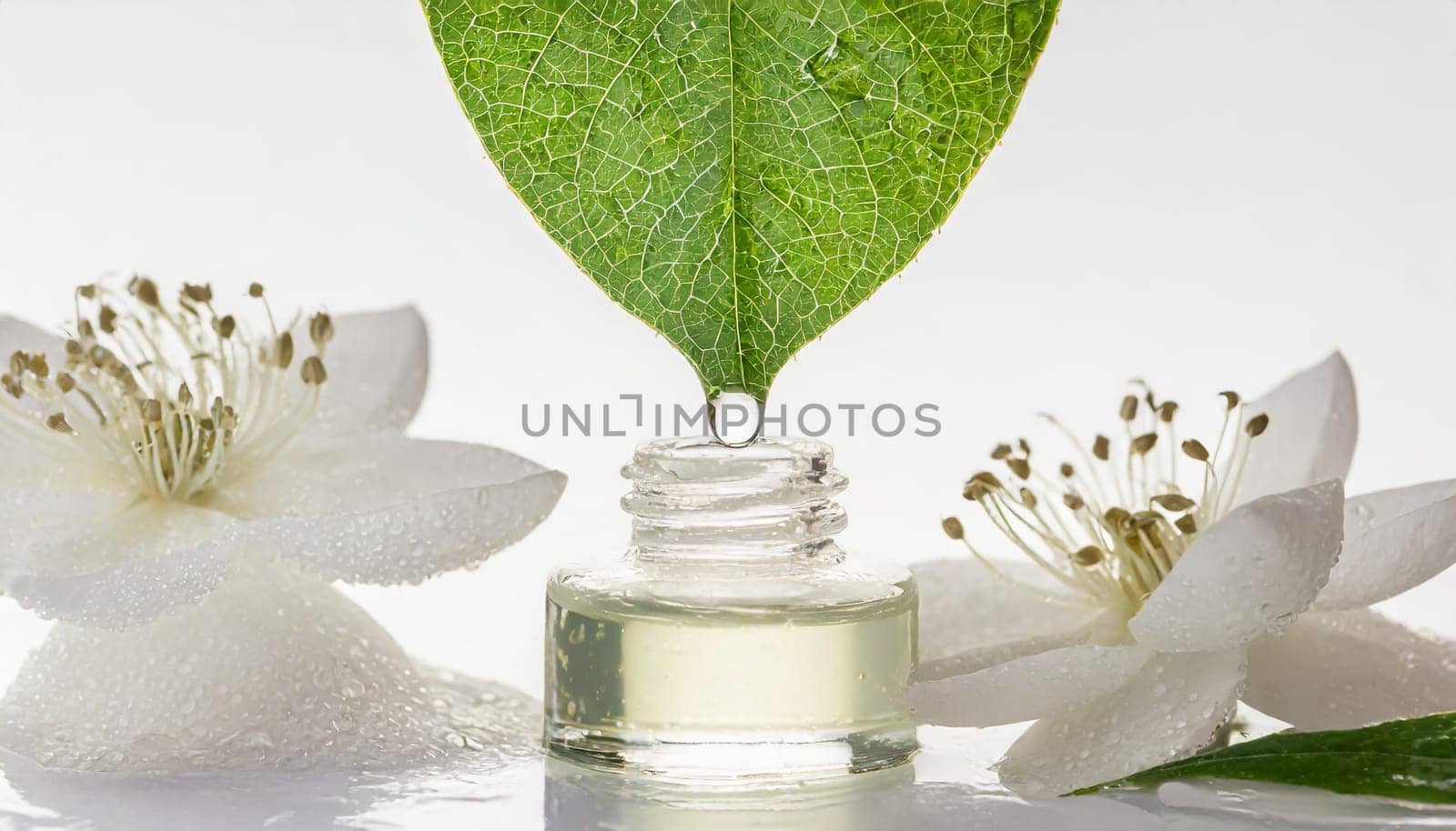 Herbal essence. Alternative healthy medicine. Skin care. Essential oil or water dropping from fresh leaf to the bottle.