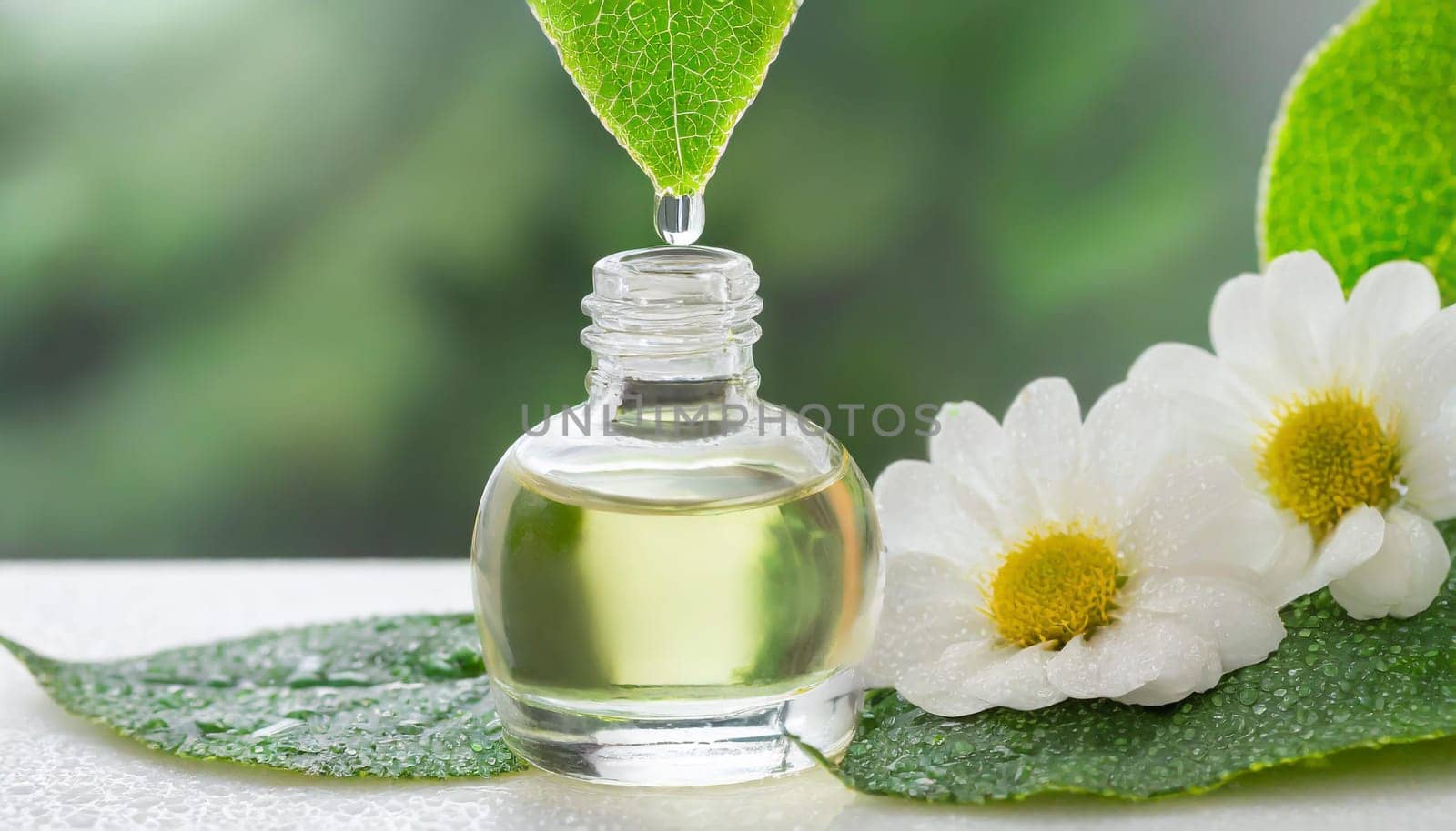 Herbal essence. Alternative healthy medicine. Skin care. Essential oil or water dropping from fresh leaf to the bottle.