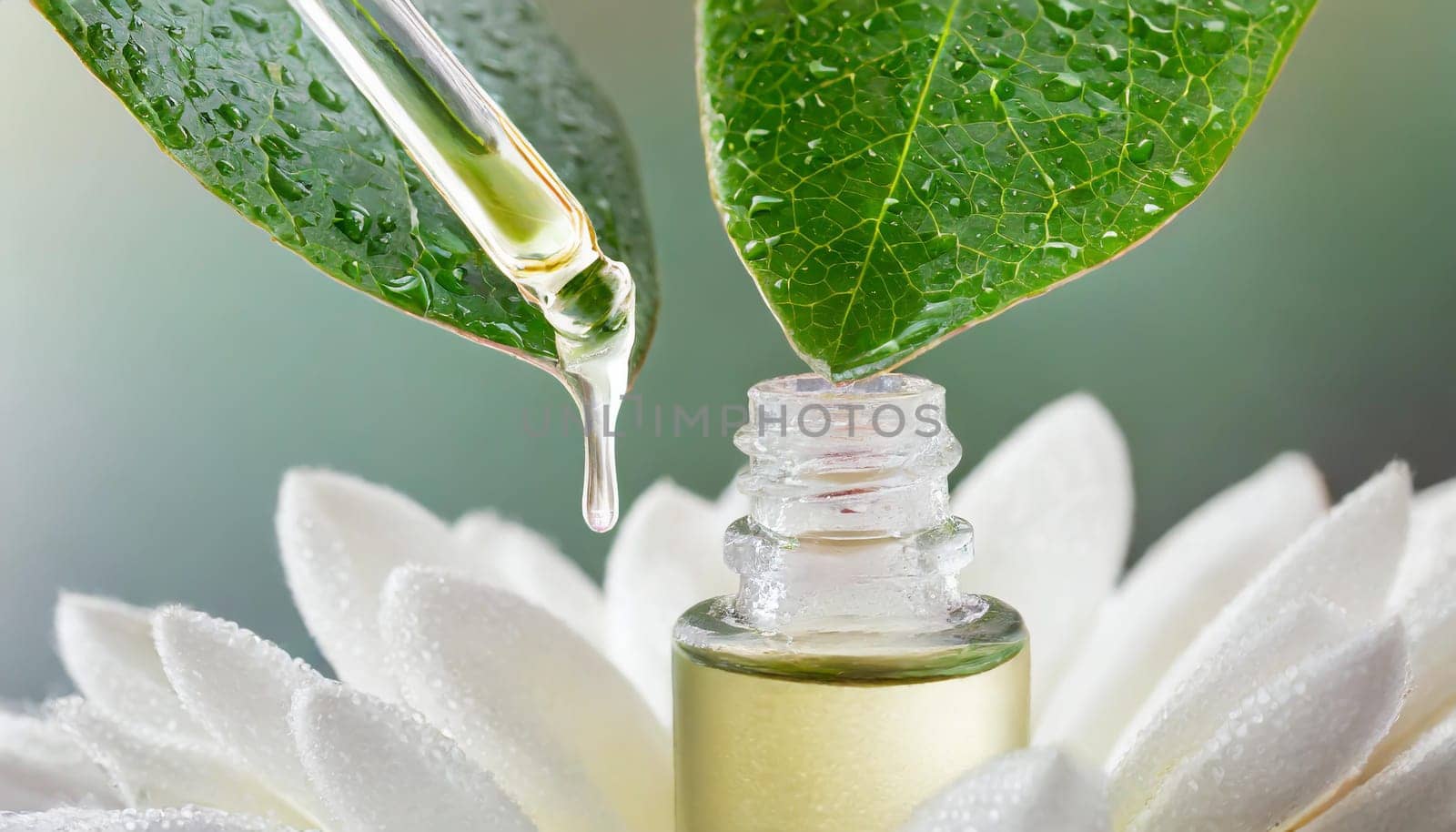 Herbal essence. Alternative healthy medicine. Skin care. Essential oil or water dropping from fresh leaf to the bottle.