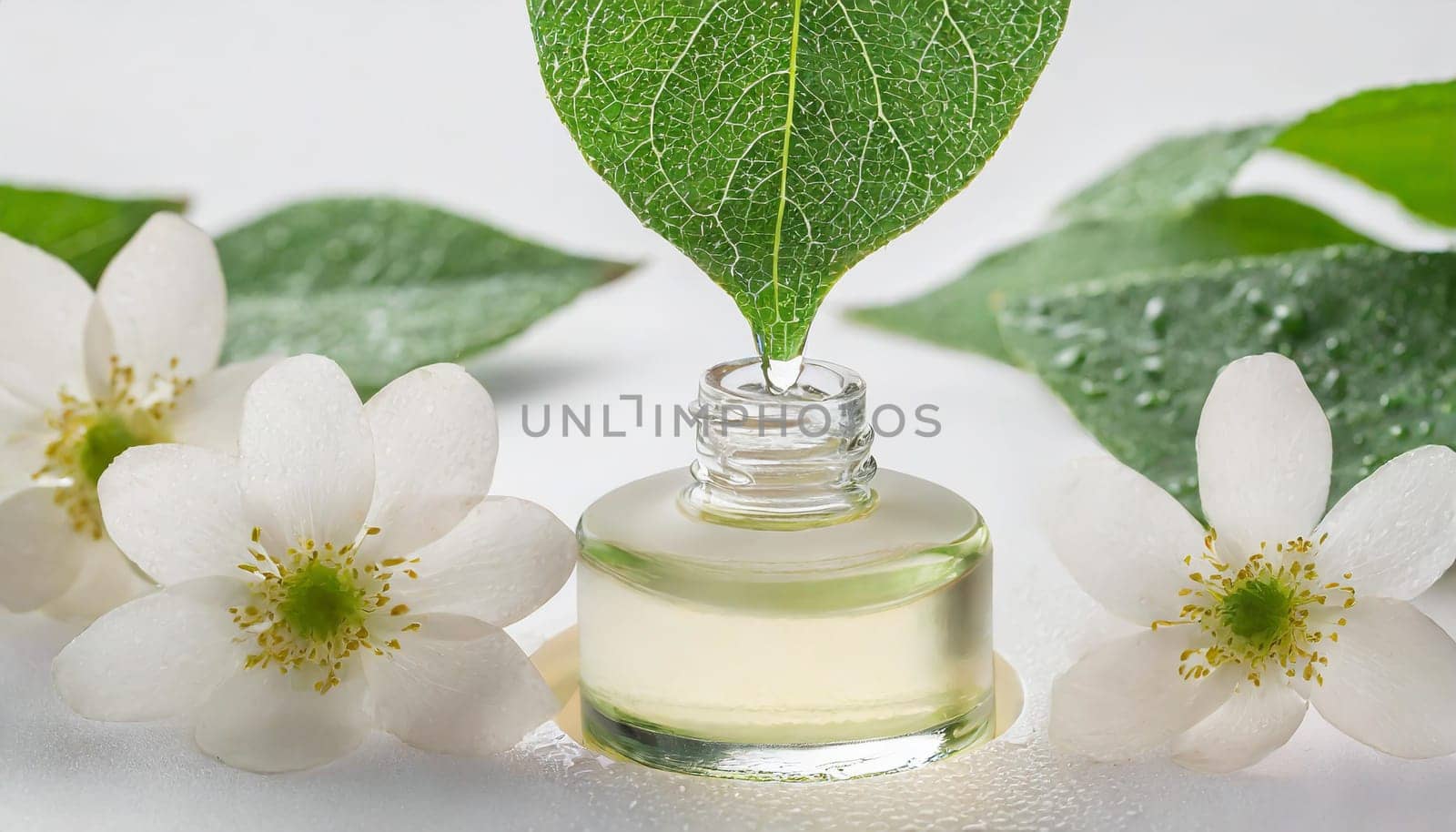 Herbal essence. Alternative healthy medicine. Skin care. Essential oil or water dropping from fresh leaf to the bottle.