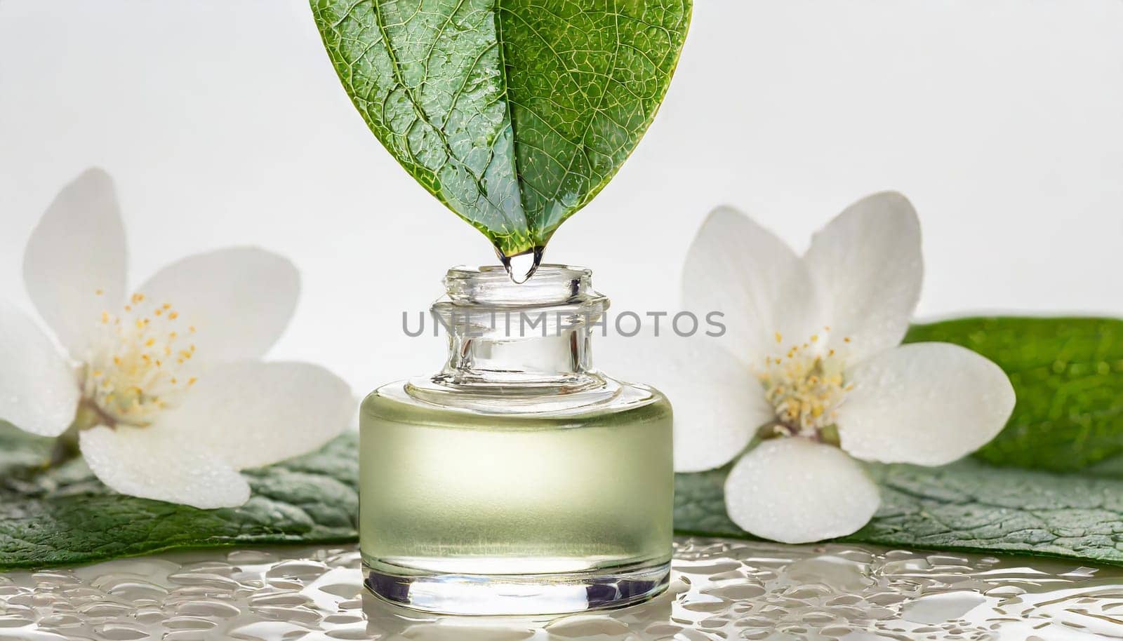 Herbal essence. Alternative healthy medicine. Skin care. Essential oil or water dropping from fresh leaf to the bottle.