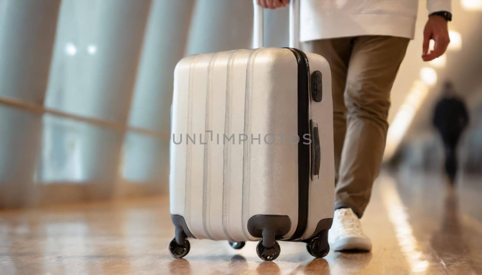 Male is carrying luggage in hall before trip