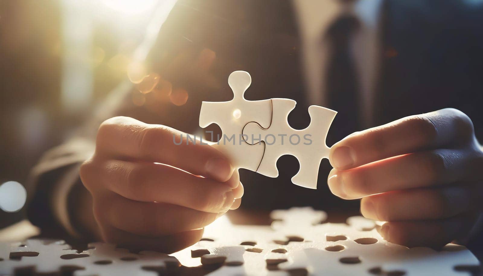 People holds in hand a jigsaw puzzle. Business solutions, success and strategy.