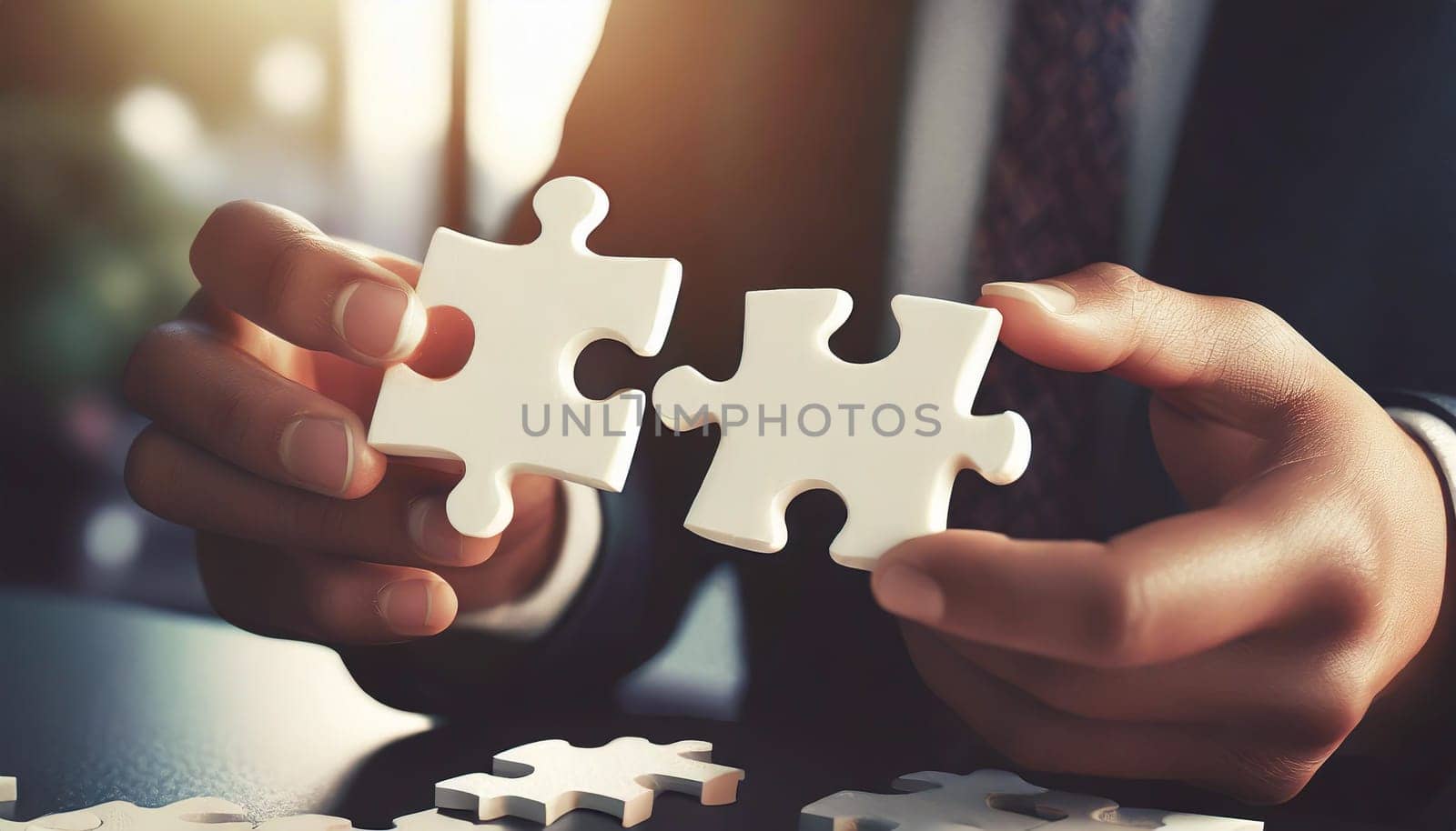 People holds in hand a jigsaw puzzle. Business solutions, success and strategy.