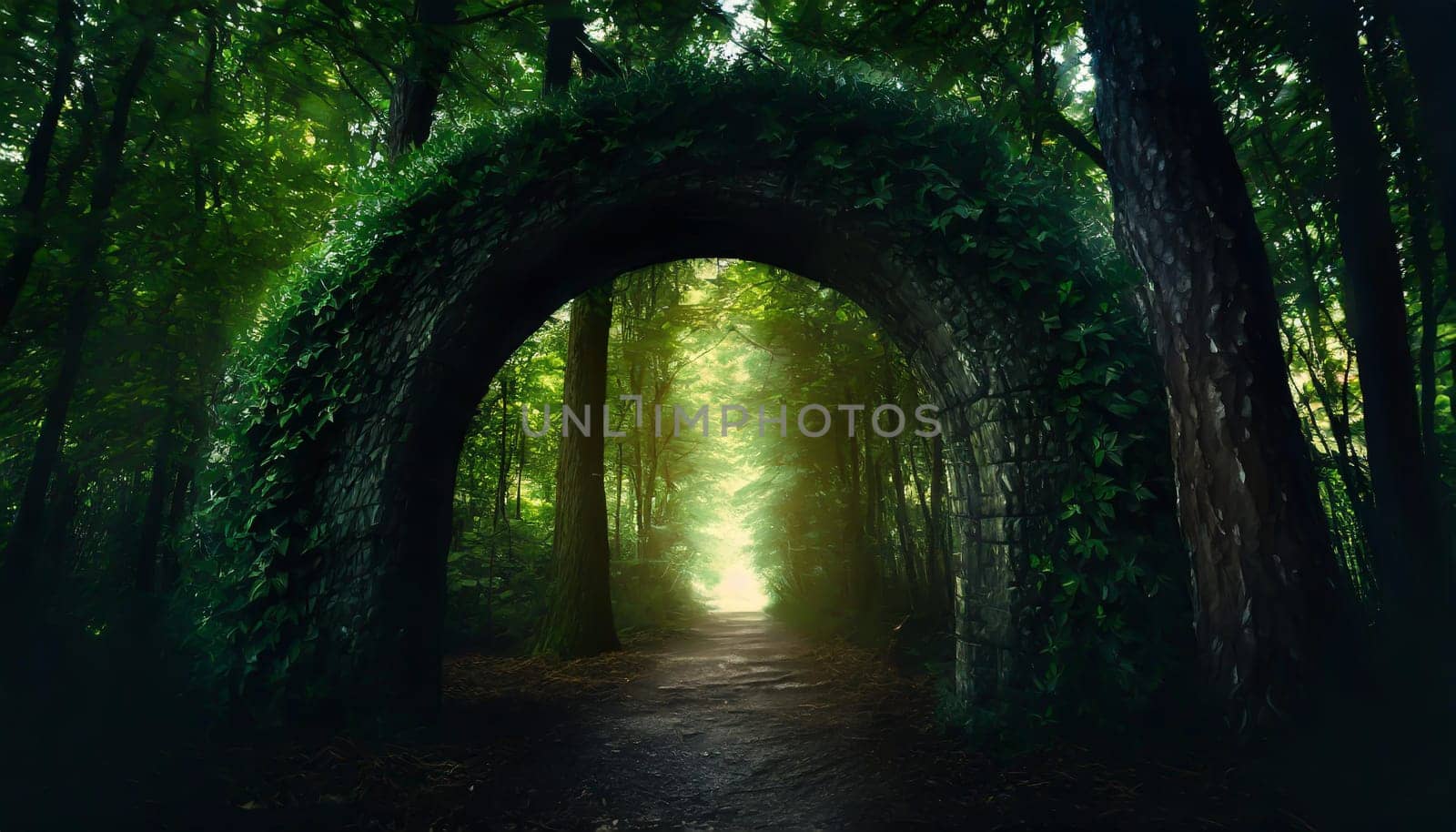 Round stone portal gate in the forest, an abandoned temple. Path made of stones in the forest, gateway in jungle