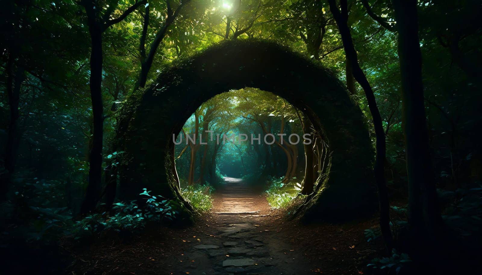 Round stone portal gate in the forest, an abandoned temple. Path made of stones in the forest, gateway in jungle