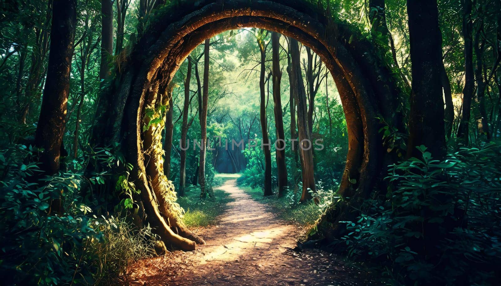 Round stone portal gate in the forest, an abandoned temple. Path made of stones in the forest, gateway in jungle