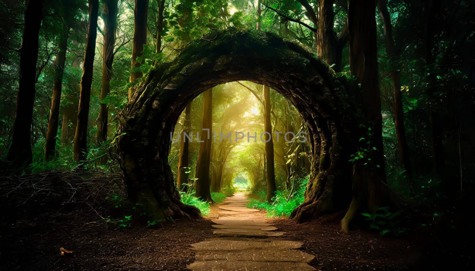 Round stone portal gate in the forest, an abandoned temple. Path made of stones in the forest, gateway in jungle