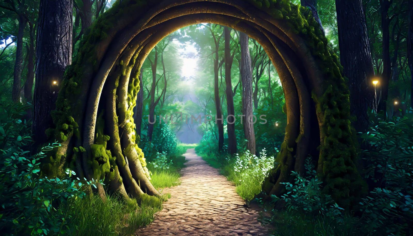 Round stone portal gate in the forest, an abandoned temple. Path made of stones in the forest, gateway in jungle