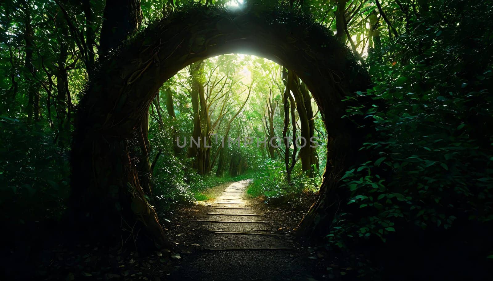 Round stone portal gate in the forest, an abandoned temple. Path made of stones in the forest, gateway in jungle