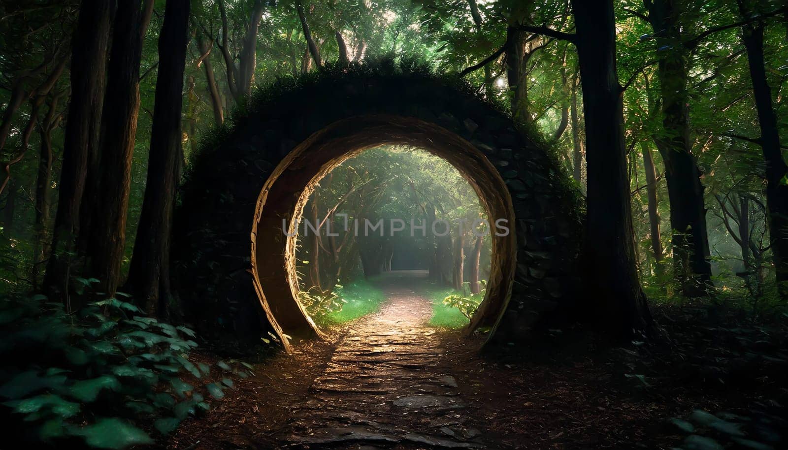 Round stone portal gate in the forest, an abandoned temple. Path made of stones in the forest, gateway in jungle