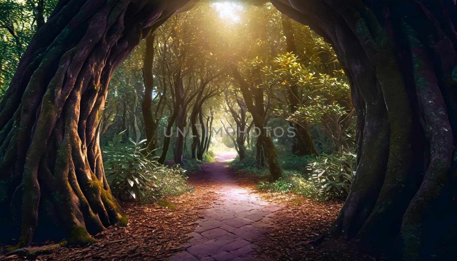 Round stone portal gate in the forest, an abandoned temple. Path made of stones in the forest, gateway in jungle